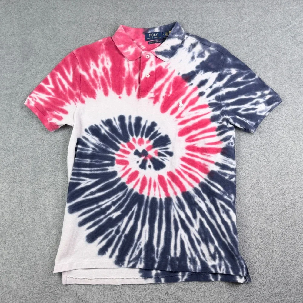 Polo Ralph Lauren Slim Fit Custom Tie Dye Spiral Polo Shirt Red White Blue  M